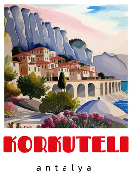 Korkuteli: Retro tourism poster with a Turkish landscape and the headline Korkuteli / Antalya