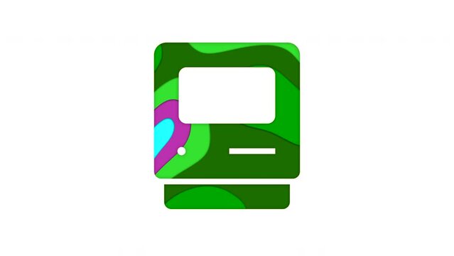 Multi-colored icon computer classic with colored spots floating inside. Looped from frame 120 to 839, Alpha BW at the end