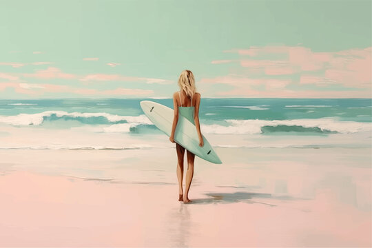 Beautiful woman with surf stands on the seashore in retro style. Back view. Generated AI