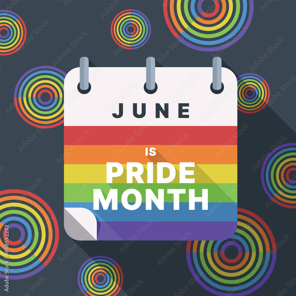 Poster june calender, is pride month text on rainbow pride flag texture on dark background with rainbow cir