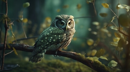 A green owl sits on a log in a forest.generative ai