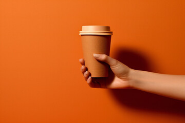 A hand reaching towards a light brown background, lifting a coffee paper cup, in the style of Miss Aniela. generated by AI