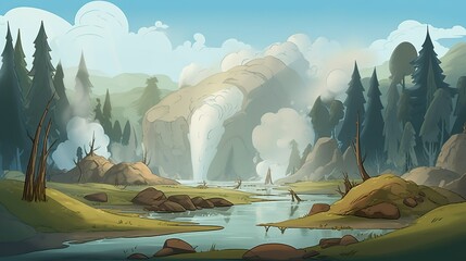 Background geysers. Illustration with a web banner style design showing dramatic geyser eruptions against a forest background. Generative AI.