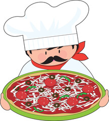 The chef is holding out his all dressed, fresh pizza. - obrazy, fototapety, plakaty