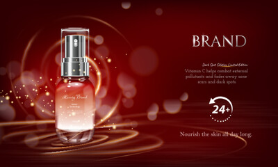 Attractive cosmetic ads, red packaging skincare on red color background in 3D illustration, glitter particles elements