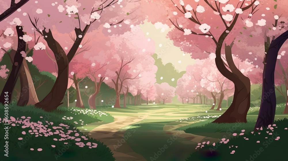 Poster background spring garden. banner style illustration image showing a bright spring garden with sakura