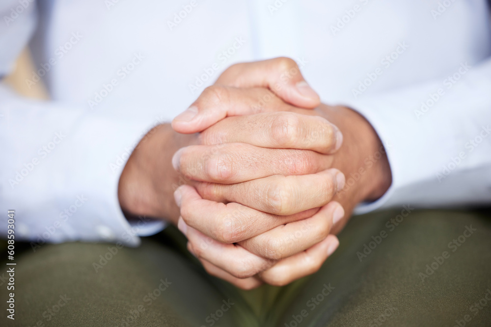 Wall mural Closeup, hands or patient in therapy, anxiety or stress with mental health issue, depression or concerned. Zoom, nervous person and client with problem, frustrated or psychotherapy with hand gesture