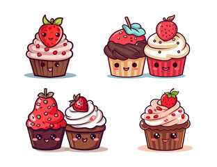 Cute cupcakes with strawberry and whipped cream. Vector illustration.