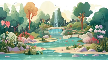 Background garden with fountain. The illustration with the banner design conveys the beauty of the summer garden and the majesty of the fountain in the background. Generative AI.