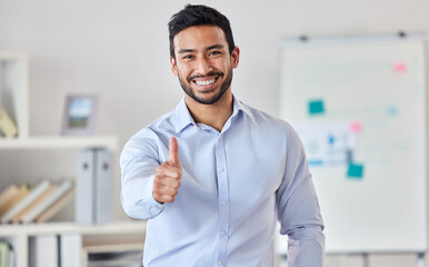 Portrait, smile and business man with thumbs up for success, support or agreement. Face, like hand...