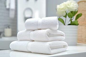 Naklejka na ściany i meble Stack of white towels on table in bathroom. Generative AI