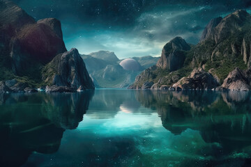 In the background of the starry sky, the natural landscape of mountains and water