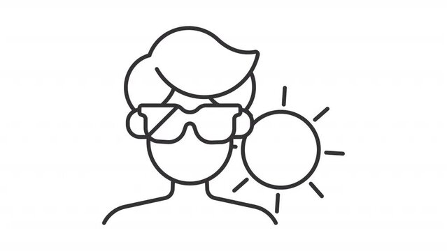 Sunbathing icon animation. Animated line man wearing sunglasses. Rotating sun. Beach trip. Sun bathing. Loop HD video with alpha channel, transparent background. Outline motion graphic