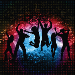 Fototapeta na wymiar Silhouettes of people dancing on a grunge music notes background