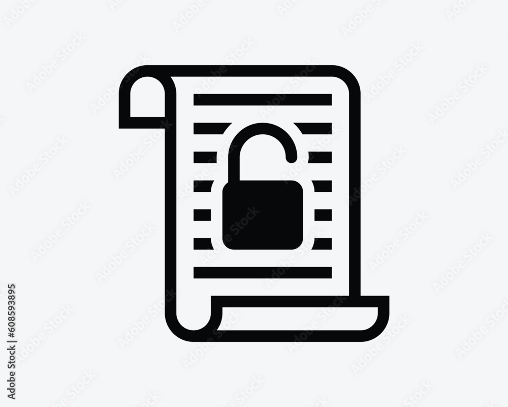 Aufkleber unlock scroll document icon. security secret open access password privacy safe text sign symbol blac