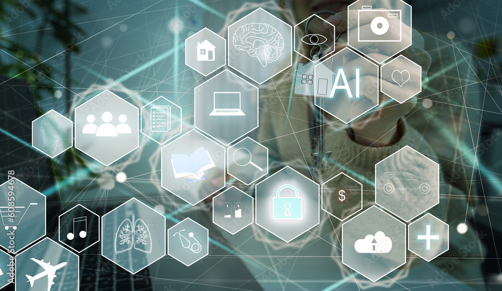 Poster ai (artificial intelligence) concept. electronic circuit. communication network.
