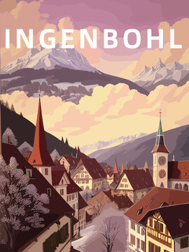 Ingenbohl: Retro tourism poster with a Swiss landscape and the headline Ingenbohl in Schwyz