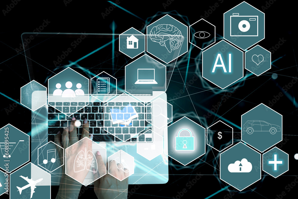 Poster ai tech, businessman show virtual graphic global internet connect chatgpt chat with ai, artificial i