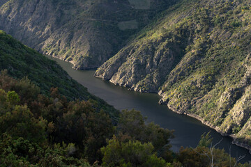Obraz na płótnie Canvas Aerial view of Canyons of the Sil river in the Ribeira Sacra zone of Galicia in springtime since Madrid balconies viewpoint. Ourense, Spain.