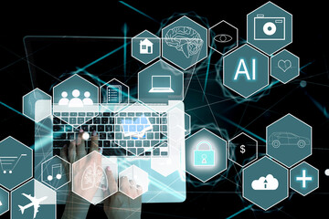 Ai tech, businessman show virtual graphic Global Internet connect Chatgpt Chat with AI, Artificial...