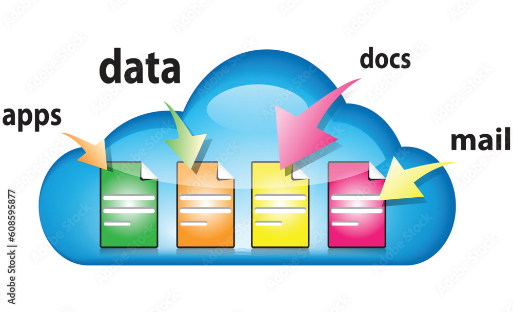 Poster cloud computing concept with docs, data, apps, mail in the cloud. vector illustration