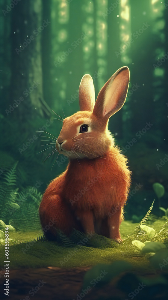 Poster illustration of a rabbit in a forest scene. created with generative ai technology.