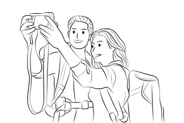 young traveler couple taking photo together