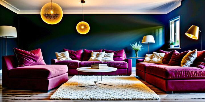 Home interior with purple sova modern classic mixed with table dayligh