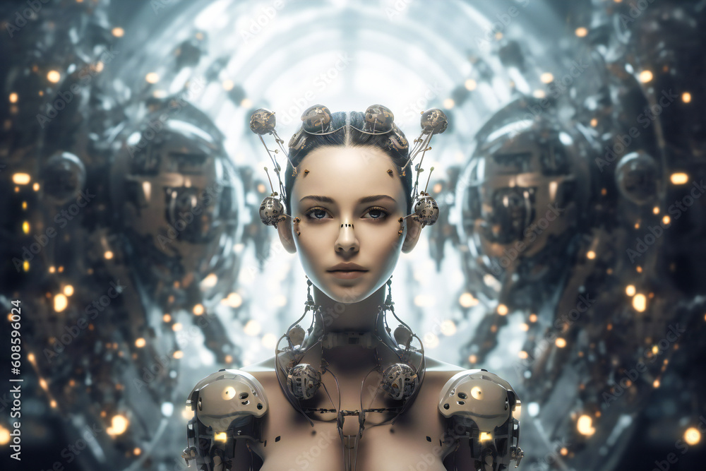 Poster stylized augmented human head. artificial intelligence concept illustration. created with generative