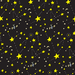 Seamless background of stars, moons and satellites over black