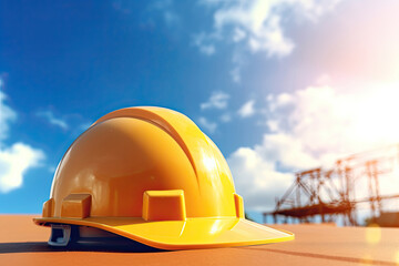 Safety helmet at construction, blue sky background, Generative AI