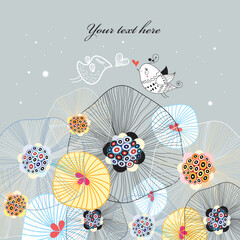 Bright graphic background with birds in love on a gray
