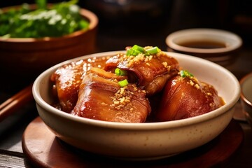 Taiwanese traditional food pork knuckle in a white bowl. Generative AI