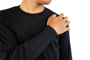 man holding sore shoulder isolated