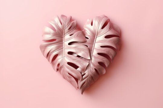 World Heart Day concept. Anatomical heart decorated with tropical monstera leaves on blue background. Creative concept. Generative AI.