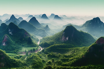 The natural landscape of the mountains and water in Guilin, China