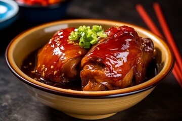 Taiwanese traditional food pork knuckle in a white bowl. Generative AI - obrazy, fototapety, plakaty