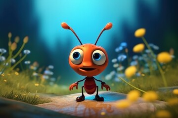 a cute adorable baby ant character stands in nature in the style of children-friendly cartoon animation fantasy  3D style Illustration created by AI