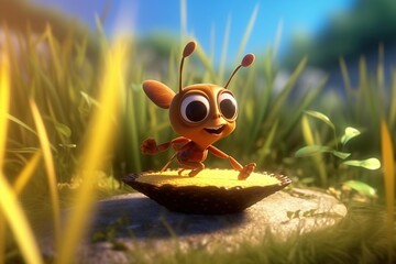 a cute adorable baby ant character stands in nature in the style of children-friendly cartoon animation fantasy  3D style Illustration created by AI