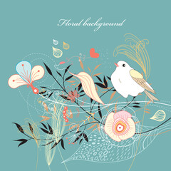 bright graphic floral background with a bird on a green