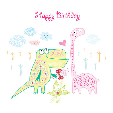 colorful greeting card with dinosaurs on a white background with clouds