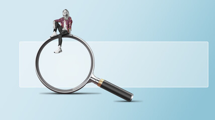 Attractive woman is sitting on a big magnifying glass. Art collage. Click searching data information concept.