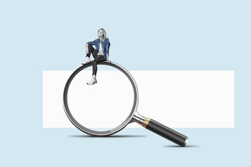 Attractive woman is sitting on a big magnifying glass. Art collage. Searching for information on...