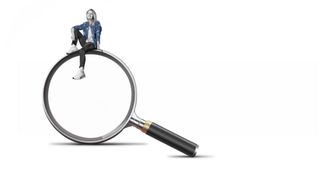 Attractive woman is sitting on a big magnifying glass isolated on free PNG Background. Art collage. Click searching data information  concept.