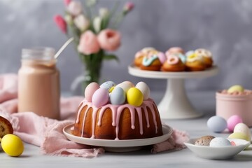 Obraz na płótnie Canvas Tasty Glazed Easter cake with sugar decor colorful egg. Generative AI