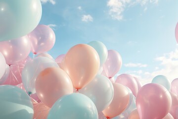 Many pink balloons background. Many pastel pink heart shaped balloons. Concept of happiness, joy, birthday. Generative AI