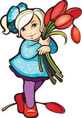 Vector illustration  of a girl with bunch of tulips