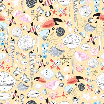 seamless pattern of amusing sea creatures on a yellow background graphic