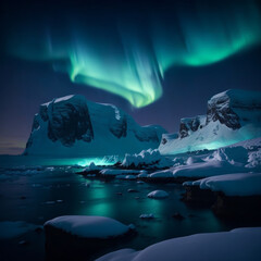 Fototapeta na wymiar Aurora lights glow in the sky at night showing snows