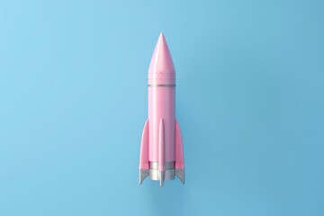 Pink flying rocket on blue background. Catroon space shuttle. Generative AI